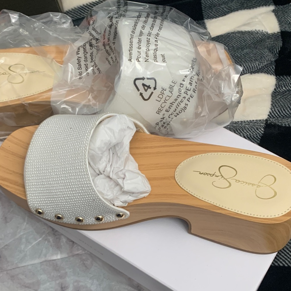 Jessica Simpson White Beaded Wooden Slide Mules